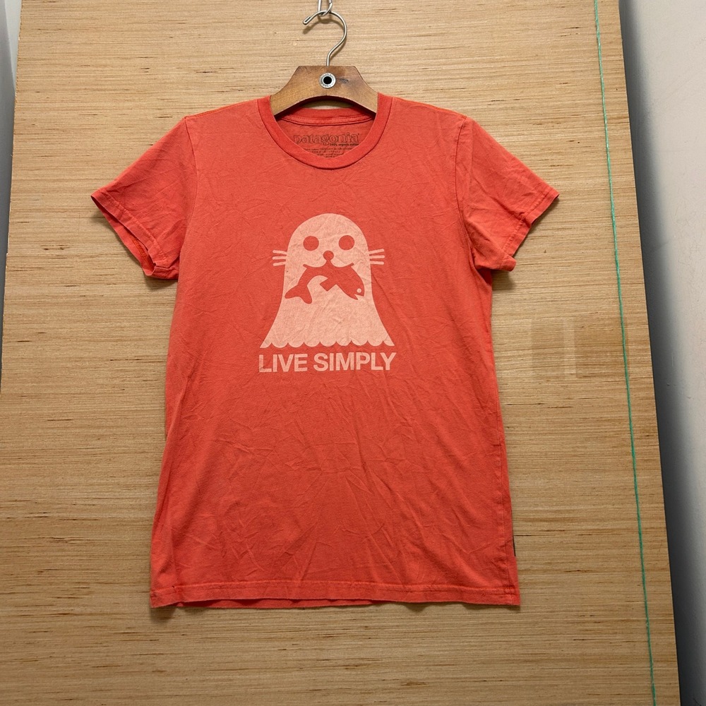 Patagonia Live Simply Seal Graphic T-Shirt Coral Orange Organic Cotton Small